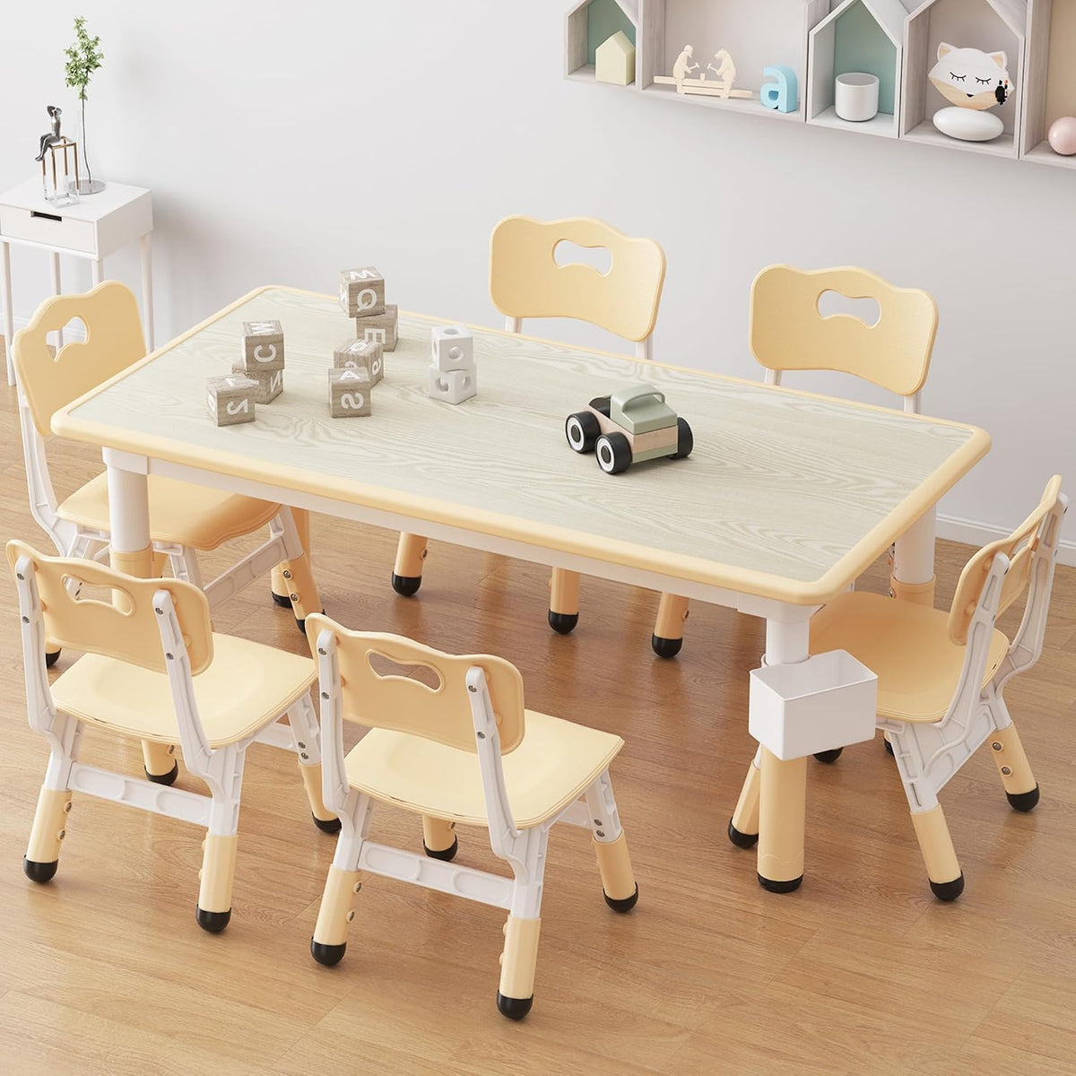 IDEALHOUSE Kids Table with 6 Chairs Set, Toddler Activity Table with Chairs | Adjustable Height & Storage Boxes, 47" x 24" Wood Grain Top, for Home, Classroom, Daycare, Natural (Water Pen Not Included)