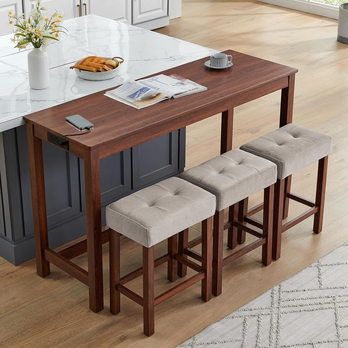 59" Dining Bar Table Set with Power Outlet, Behind Couch Sofa Table with 3 Padded Stools, 4 Piece Bar Table and Chairs Set for Living Room, Dining Room, Cherry