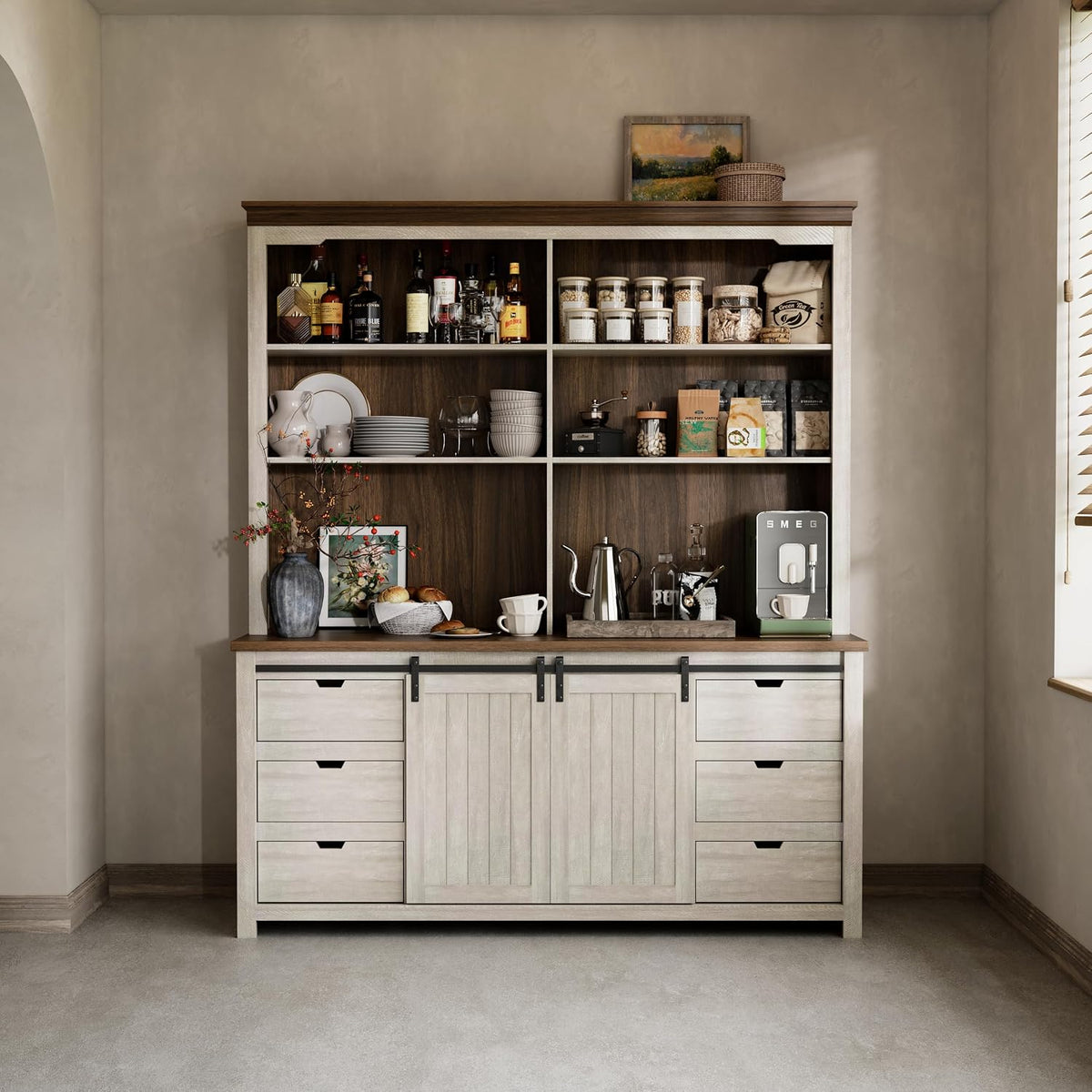 Bobve 78 * 67" Large Farmhouse Pantry Cabinet with Countertop, Buffet Cabinet,Tall Kitchen Hutch with Partitions and 6 Drawers,Suitable for Kitchen,Dining Rooms,Easy to Assemble