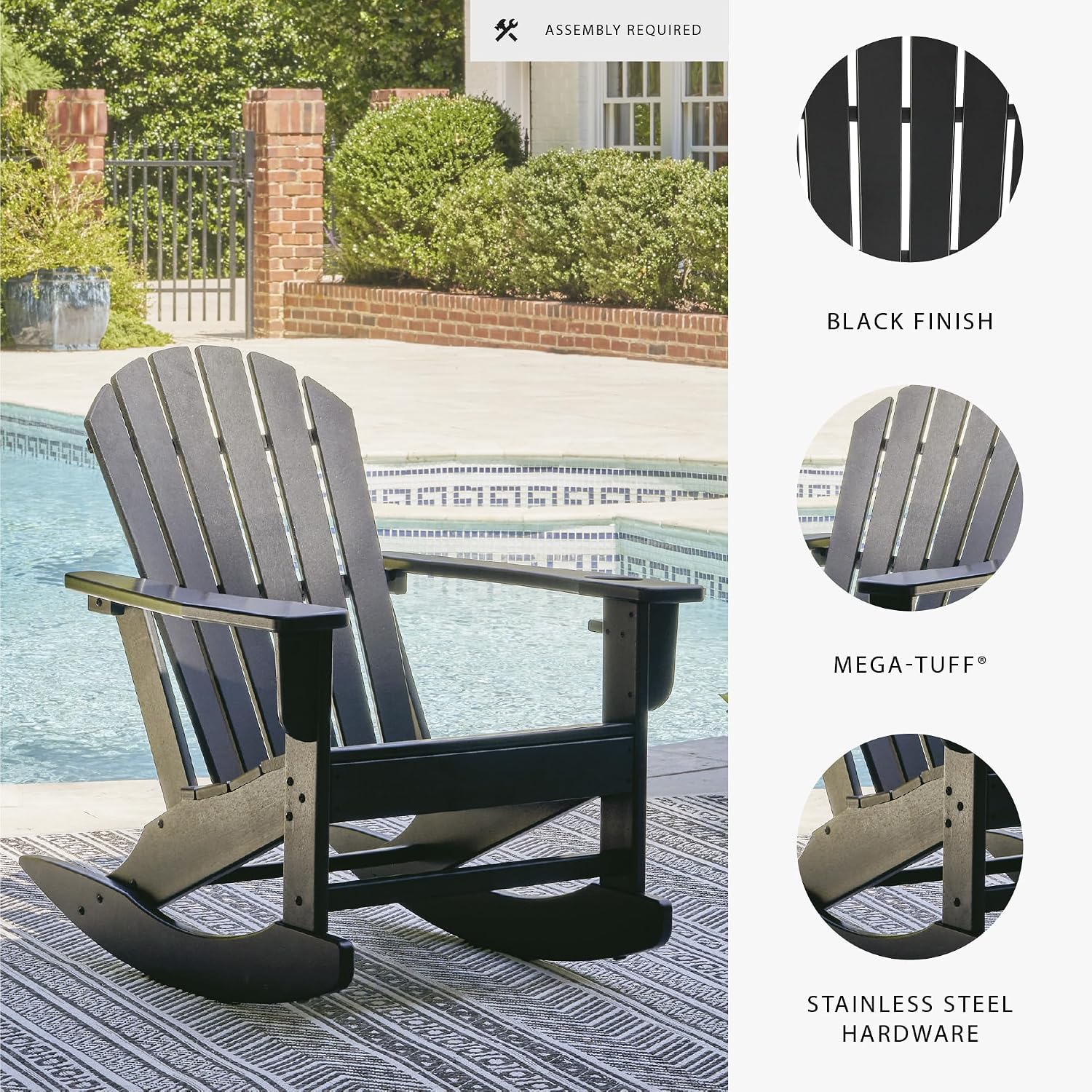 Signature Design by Ashley Sundown Treasure Outdoor Rocking Chair in Black, All-Weather Adirondack Patio Rocker, Durable Weather Resistant HDPE, 250 lb Capacity, 1 Built-In Cup Holder