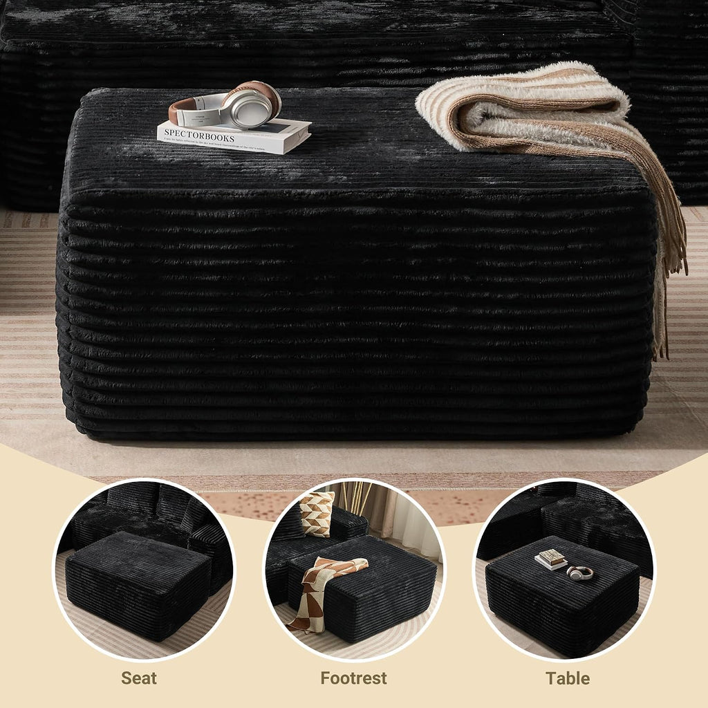 37" Square Cloud Couch Ottoman Footstool, Upholstered Foam Filling Footrest Ottomans for Couch,Large Seat,Soft Fluffy Foot Stool for Living Room Bedroom, No Assembly Required,Black,Plush Corduroy