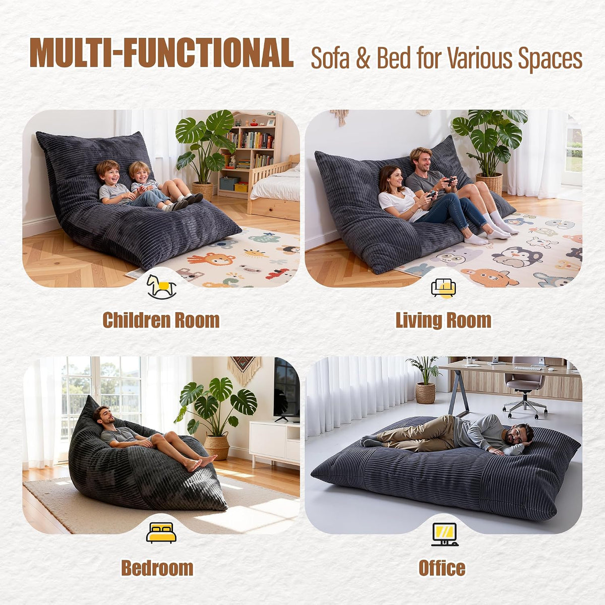 4 in 1 Giant Bean Bag Chair for Adults & Kids, 75” Beanbag Couch with High-Density Memory Foam Filling, Multifunctional Floor Sofa Lounger Suitable for Living Room Bedroom Apartment (Grey)