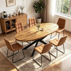 63"-78.7" Extendable Oval Dining Table Set for 6 | 7 Piece Large Round Walnut Table Set, 6 Brown Dining Chairs, Living Room, Kitchen, Space Saving, Mid Century Modern