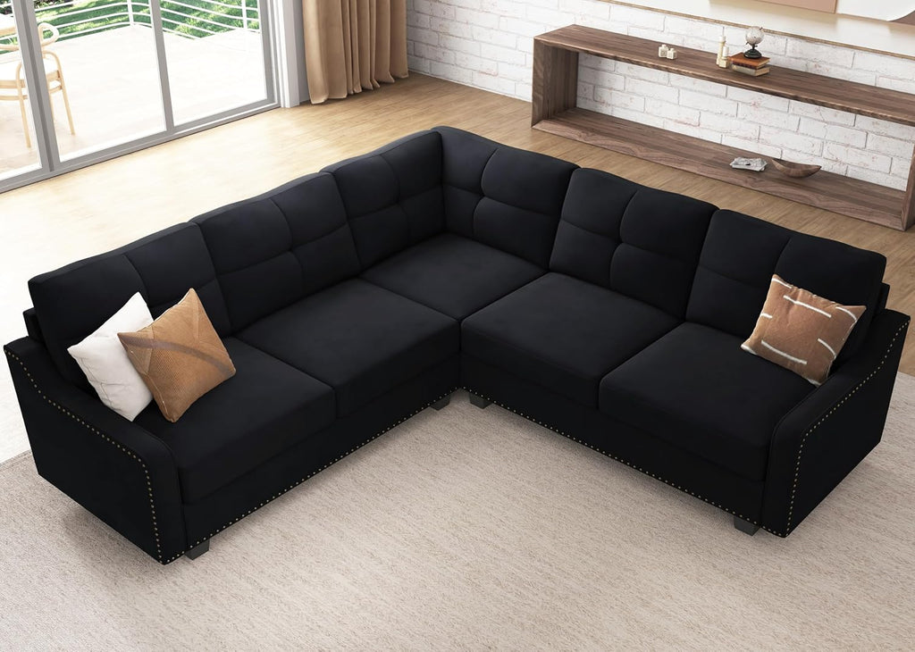HONBAY Convertible Sectional Sofa L Shaped Couch,Velvet Black | Reversible Sectional Couch for Living Room for Small Apartment,Easy to transport and install