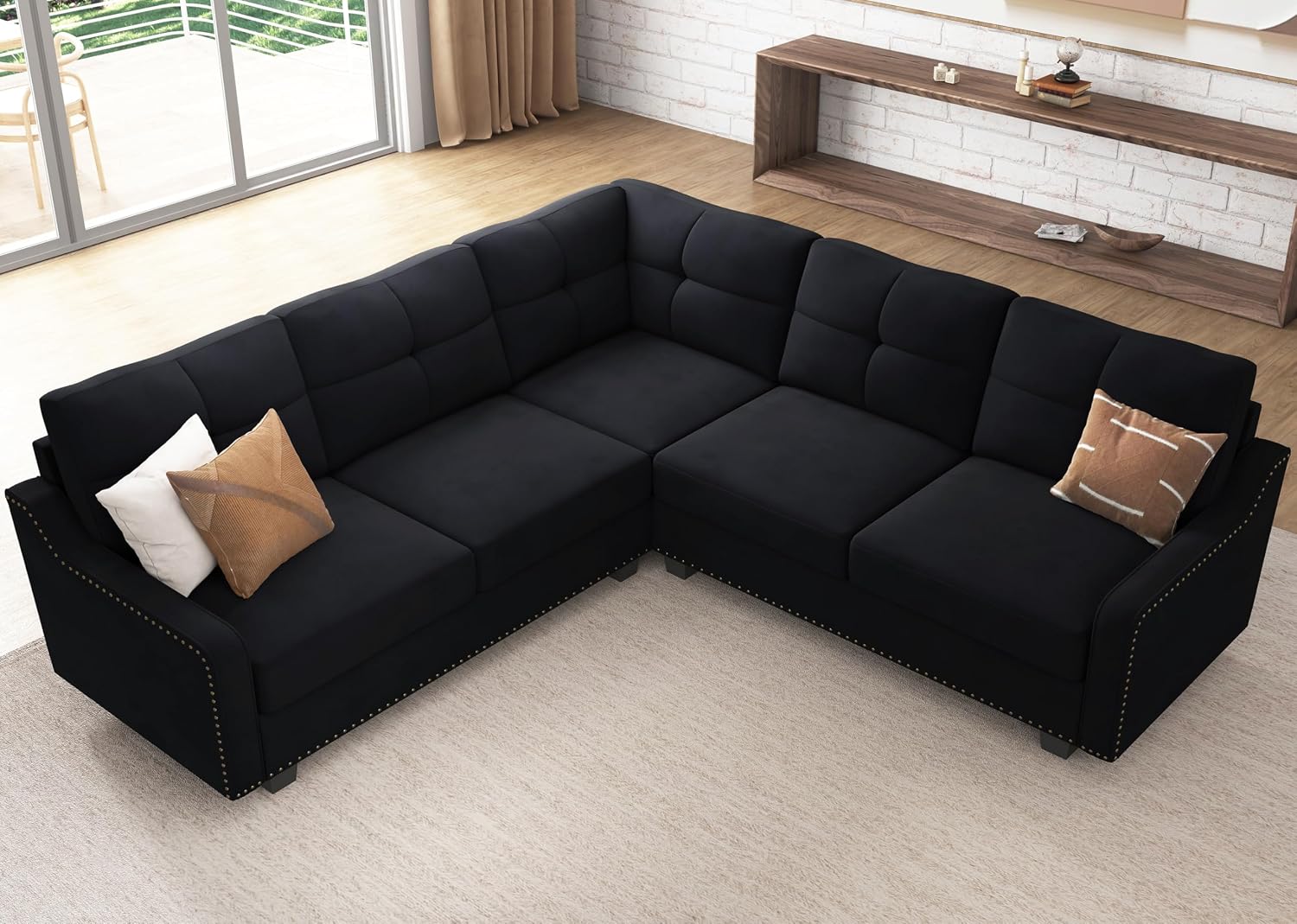 HONBAY Convertible Sectional Sofa L Shaped Couch,Velvet Black | Reversible Sectional Couch for Living Room for Small Apartment,Easy to transport and install