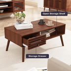 Coffee Table, Mid Century Modern Table with Storage, Living Room Center Table with Slatted Panel Drawer, Fluted Wood Coffee Table with Open Shelf for Living Room, Walnut