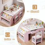5-in-1 Kids Art Table and Chairs Set, Convertible Toddler Table and Chair Set with Art Easel, Paper Roll Holder, Storage Drawers and Craft Play Desk, Wooden Activity Learning Table for Kids, Pink