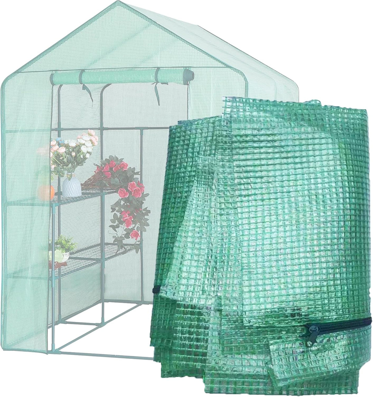 Greenhouse Replacement Cover, 56×56×76 Inch PE Walk-in Greenhouse Cover for Gardening Plants w/Roll-Up Zipper Door, Waterproof Frost Protection Wind Rain Proof, Easy Assembly (No Frames Include)