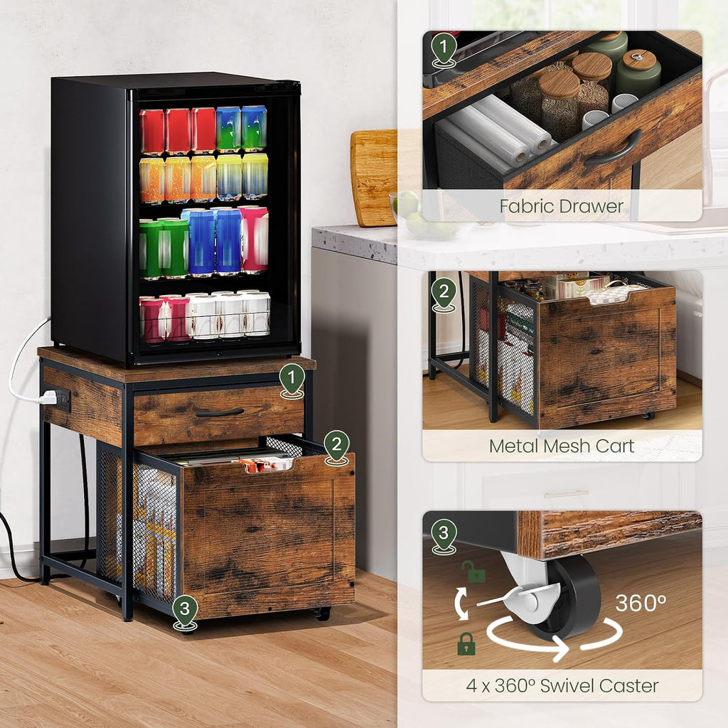 CHOEZON Mini Fridge Stand with Power Outlet, Large Side Table with 2AC and 2 USB Ports, Mobile Beverage Cart with Fabric Drawer for Dorm, Kitchen, Living Room, Rustic Brown and Black TBZ56UBF