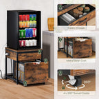 CHOEZON Mini Fridge Stand with Power Outlet, Large Side Table with 2AC and 2 USB Ports, Mobile Beverage Cart with Fabric Drawer for Dorm, Kitchen, Living Room, Rustic Brown and Black TBZ56UBF