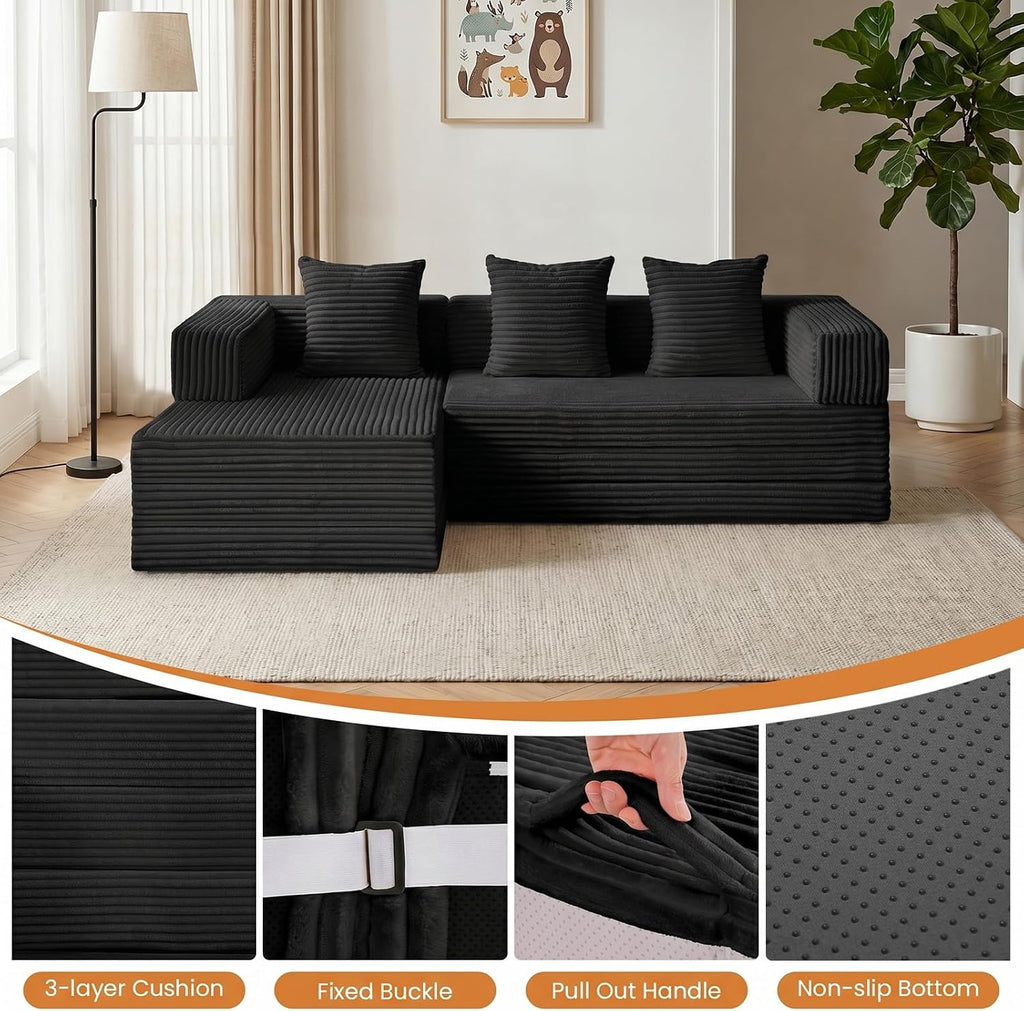 79" Modular Sectional Sofa, Convertible Sleeper Sofa Bed, Modern Tri-Folding Cloud Couch with L-Shape Chaise, Corduroy Futon for Living Room Small Spaces Apartment, No Assembly