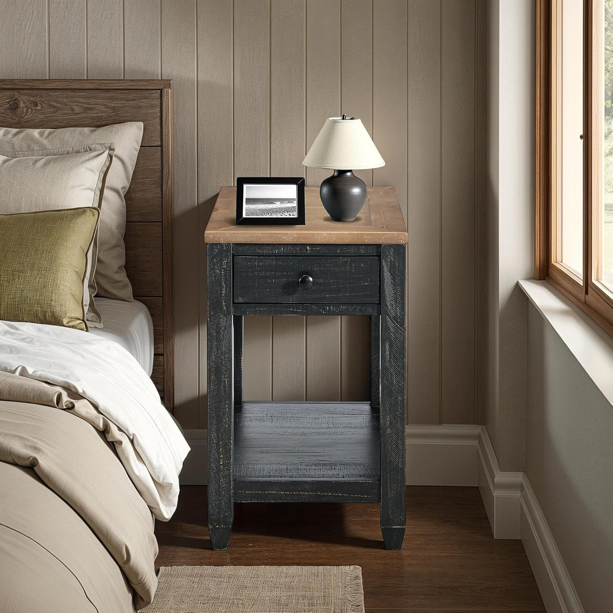 Martin Svensson Home Napa Farmhouse Chairside End Table with Charging Station, Solid Wood Narrow Side Table with Drawer & Shelf, Rustic Accent Table for Living Room or Bedroom. Black and Driftwood.