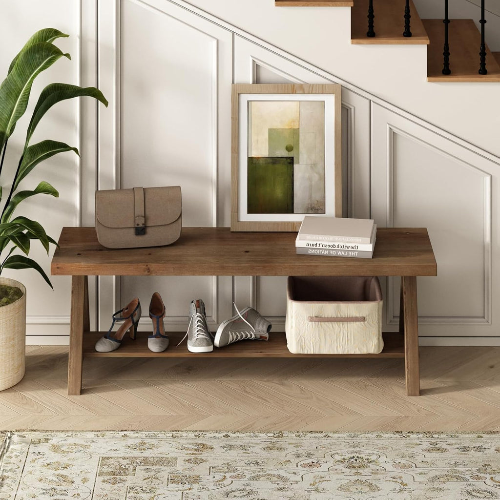 RowyPoey 51" Solid Wood Bench, Long Farmhouse Entryway Bench with Storage Shelf, Triangular Leg Design, Narrow Rustic Benches for Hallway, Bedroom, Dining, Kitchen