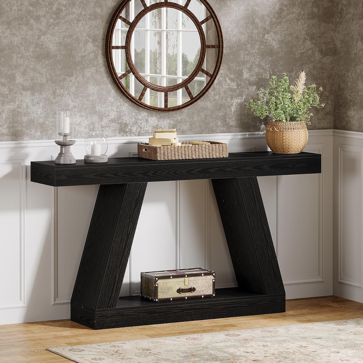 Tribesigns Farmhouse Console Table, 55-Inch Rustic Sofa Table with Storage, Industrial Wooden Entryway Table for Hallway, Living Room, Black & Brown