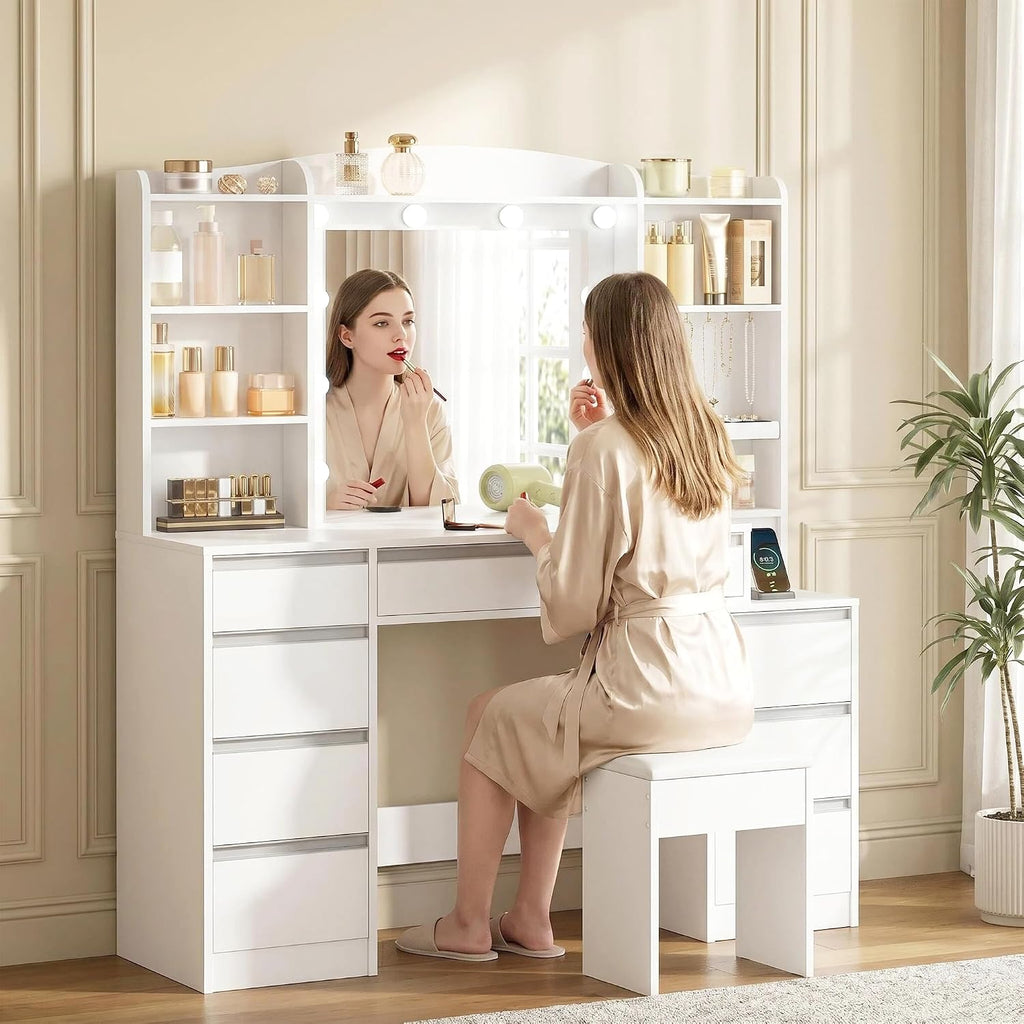 HEXCELEN 47" Vanity Desk with LED Lights, 8 Drawers, 20" Mirror, 2AC+2USB Charging, FSC Wood White Makeup Vanity