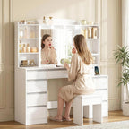 HEXCELEN 47" Vanity Desk with LED Lights, 8 Drawers, 20" Mirror, 2AC+2USB Charging, FSC Wood White Makeup Vanity