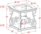 End Table with Glass Table Top, Cocktail Table with MDF and Marble Paper Middle Shelf, Sofa Table with Metal Legs for Living Room (Brown, 26.3" L*26.3" W*24" H)