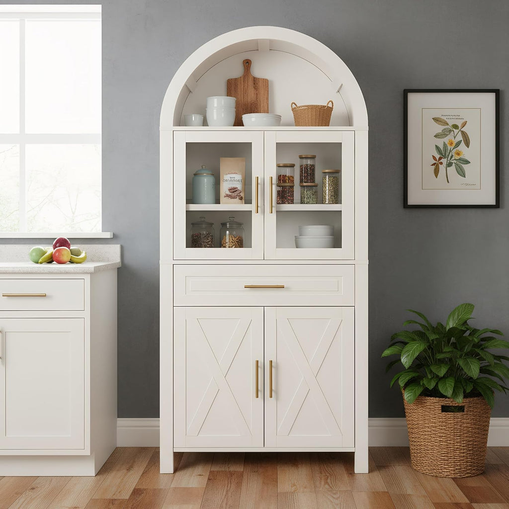 71" Tall Arched Kitchen Pantry Cabinet with Glass Door,Farmhouse Modern Wood Arched Cabinetsw/Adjustable Shelves & Drawer, Accent Cabinet with Barn Door for Kitchen, Living & Dining Room, Bathroom