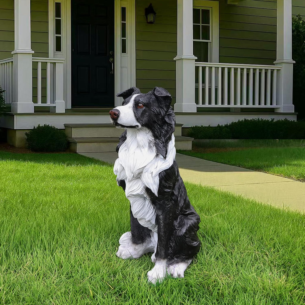 Border Collie Outdoor Dog Statue with Reversible “Welcome/ON Patrol” Plaque and Solar Path Lantern, Black & White Sitting Herding Dog Yard Accent