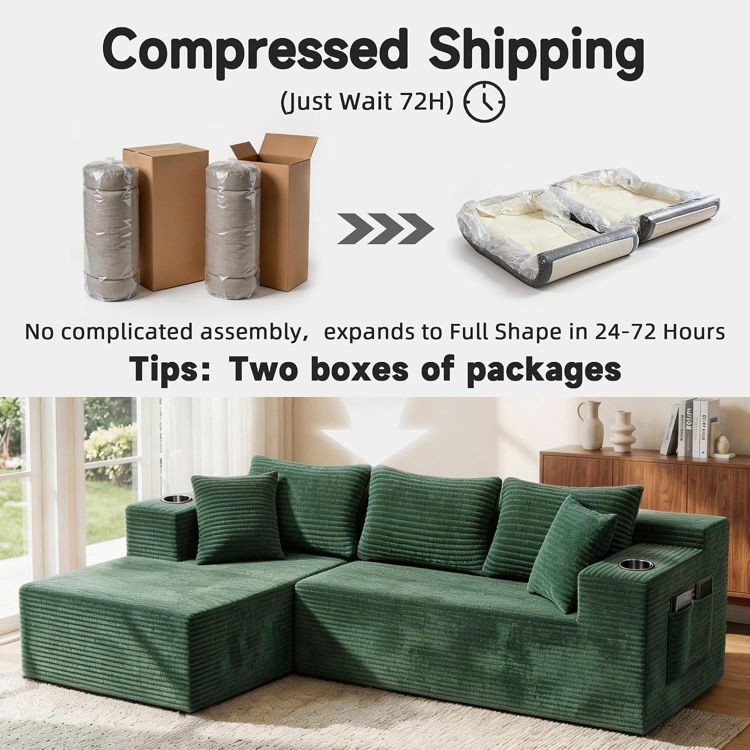 Bashaw 108" Cloud Sectional Couches Sofa with Chaise, Modular L-Shape Couch Deep Seat Memory Foam Compressed Sofa for Living Room