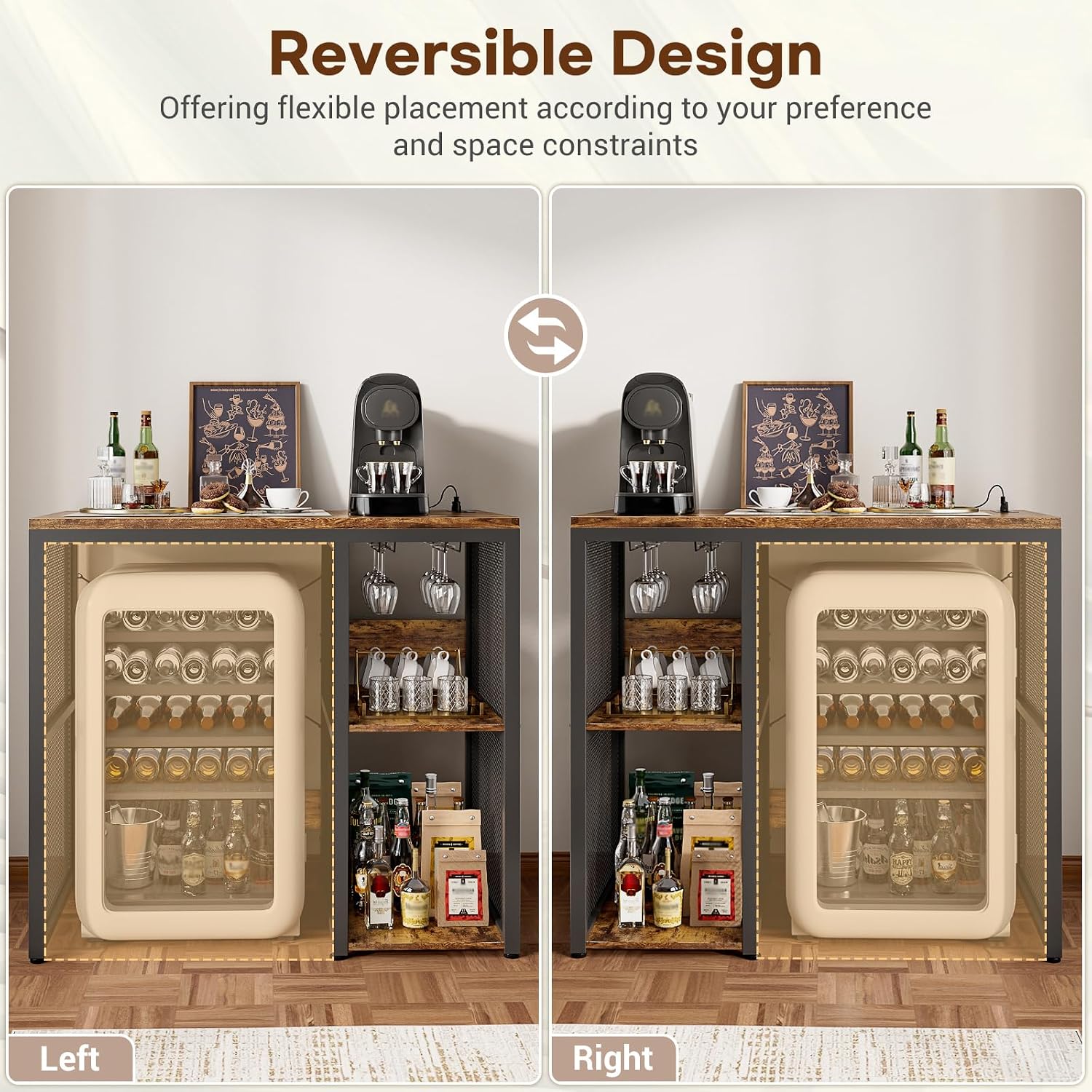 Homieasy Mini Fridge Cabinet with Power Outlet, Rustic Brown | Coffee Bar Cabinet with Mini Fridge Space, Industrial Liquor Cabinet with Wine Storage & Glass Holder for Dorm, Living Room