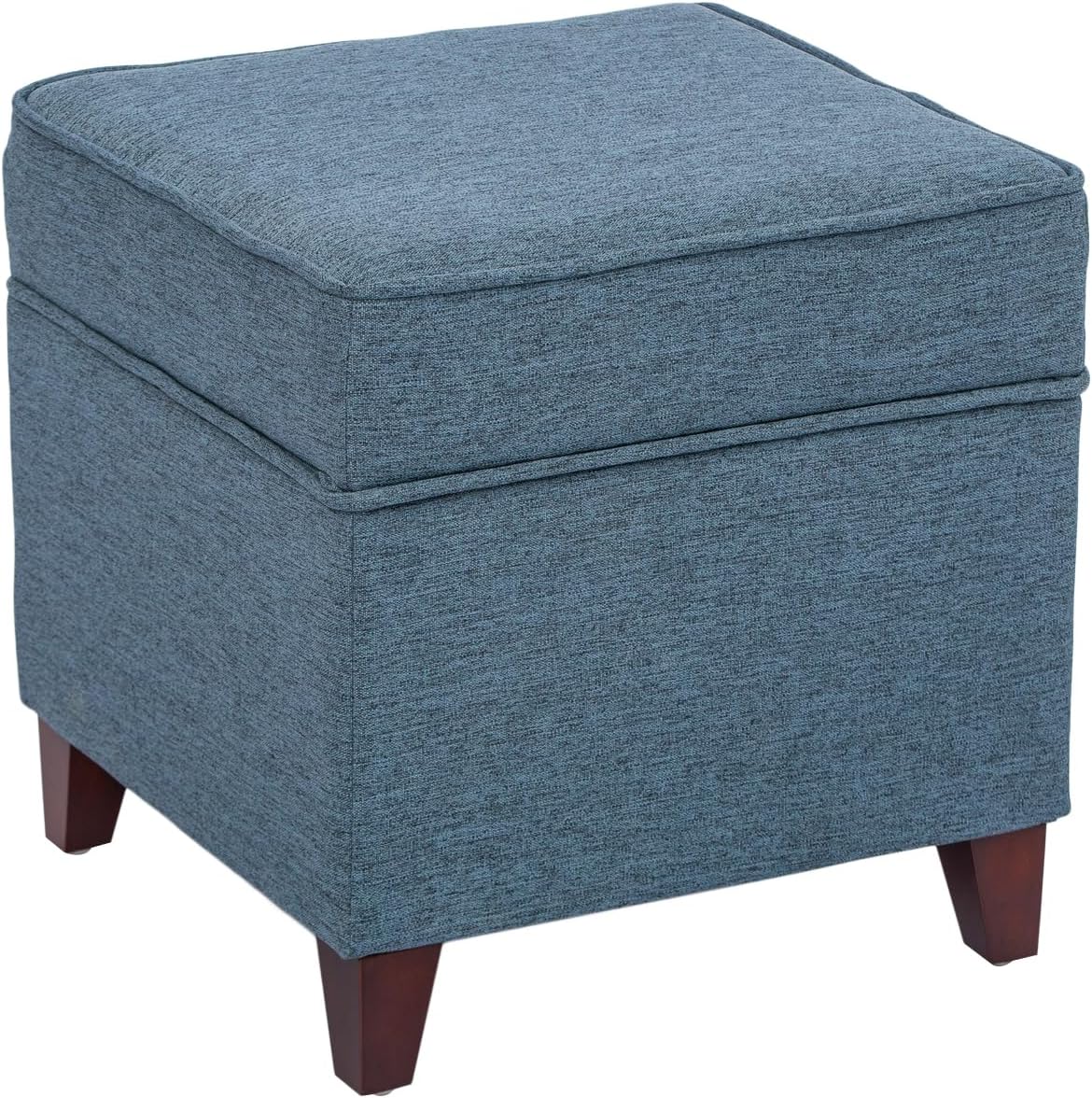 Adeco 17" Square Ottoman with Storage, Small Blue Storage Ottoman Foot Rest with Hinged Lid & Solid Wood Legs, Linen Fabric Foot Stool for Living Room & Bedroom, Seasonal Home Refresh & Gifting