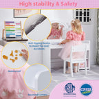 Kids Vanity with Lights, Vanity Set with Drawer and Storage Shelves, 2 in 1 Toddler Vanity with Lighted Mirror, Girls Vanity Set with Stool for Little Girls (White)