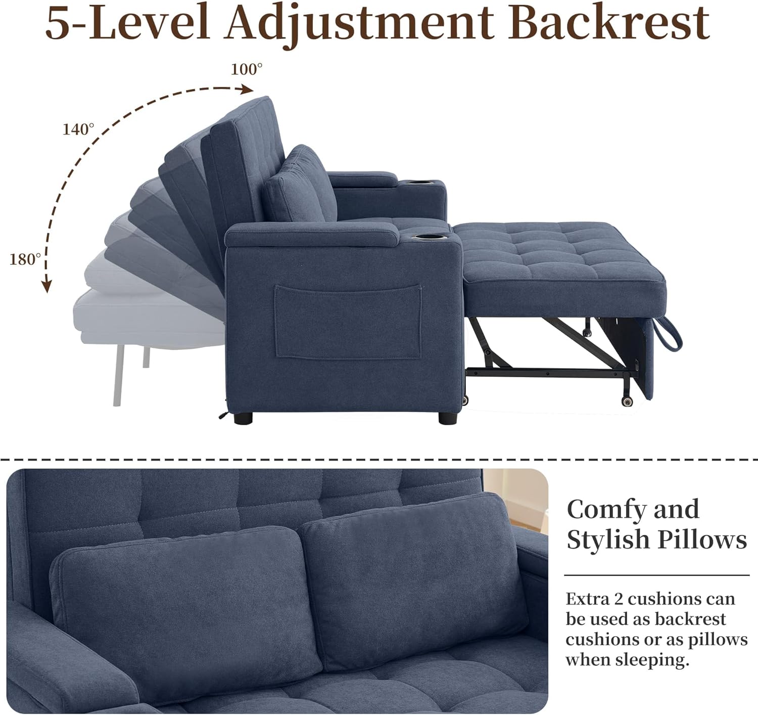Korser 55.5'' 3-in-1 Convertible Sofa Bed, Pull Out Couch with 5-Position Adjustable Backrest, Loveseat Sleeper Sofa for Small Spaces, Sofa Couch with Cup Holders for Living Room, Office, Chenille