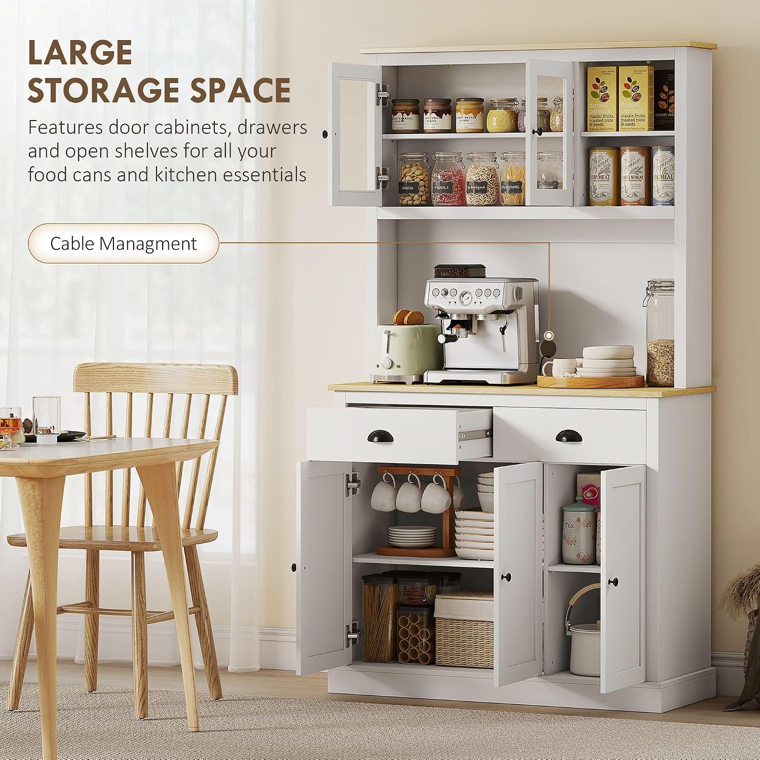 Modern Freestanding Pantry Cabinet 71in H x 39.25in W: White Finish, Warm Oak Countertop, 4-Tier Adjustable Shelves, 35.5in Surface w/Cable Hole, 176lb Capacity