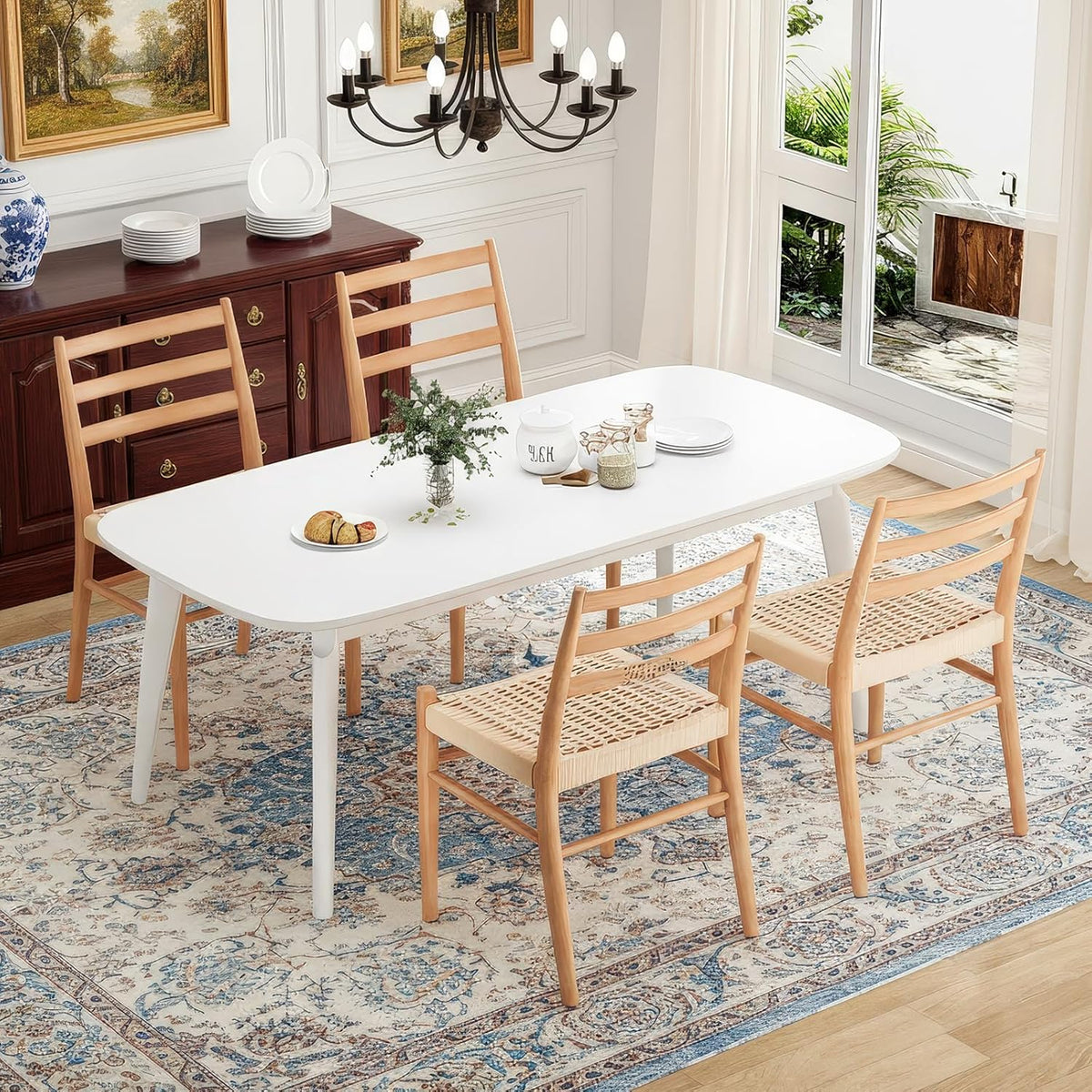 STARY Dining Chairs Set of 4, Woven Rope Seat with Sturdy Metal Frame, Mid Century Modern Dining Room Chairs for Kitchen, Living Room, Restaurant