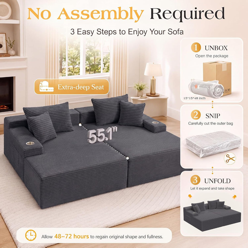 85'' Loveseat Chaise Lounge Chair, Oversized Double Couch | Deep Seat Sofa Bed Sleeper Couch, Reading Chairs Cloud Sofas for Living Room, Bedroom, No Assembly, Corduroy Dark Gray