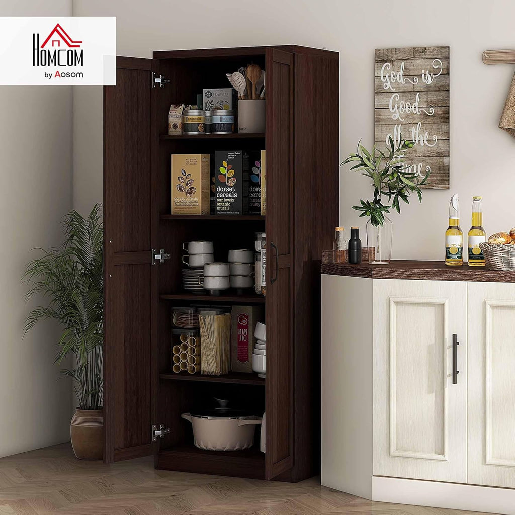 HOMCOM 63" 2-Door Kitchen Pantry 5-Tier Cinnamon Cherry Wood Grain | Freestanding Storage Cabinet, Shelving, 2 Adjustable Shelves, for Dining Room