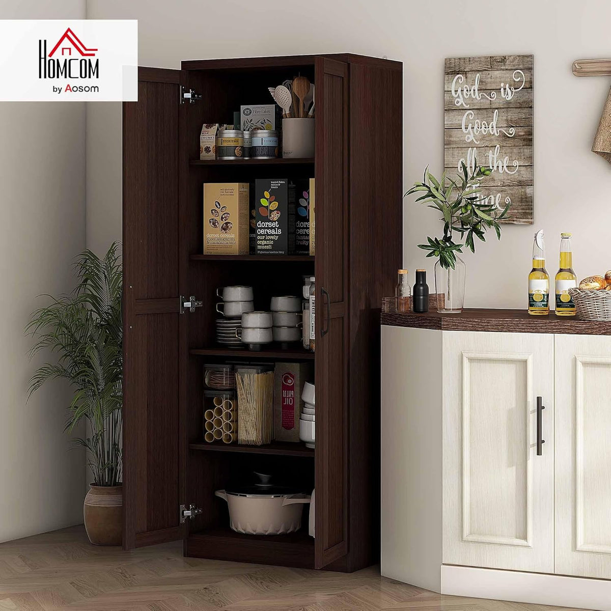 HOMCOM 63" 2-Door Kitchen Pantry 5-Tier Cinnamon Cherry Wood Grain | Freestanding Storage Cabinet, Shelving, 2 Adjustable Shelves, for Dining Room