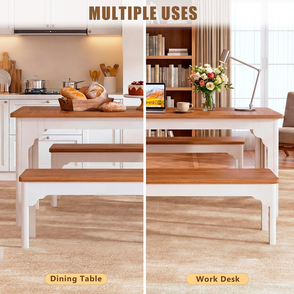 HUAHUU 63" Farmhouse Dining Table Set for 4-6, Kitchen Table with 2 Benches, Space Saving 3-Piece Rectangle Wooden Dinette Table Set for Dining Room, Breakfast Nook, Small Space, Brown & White