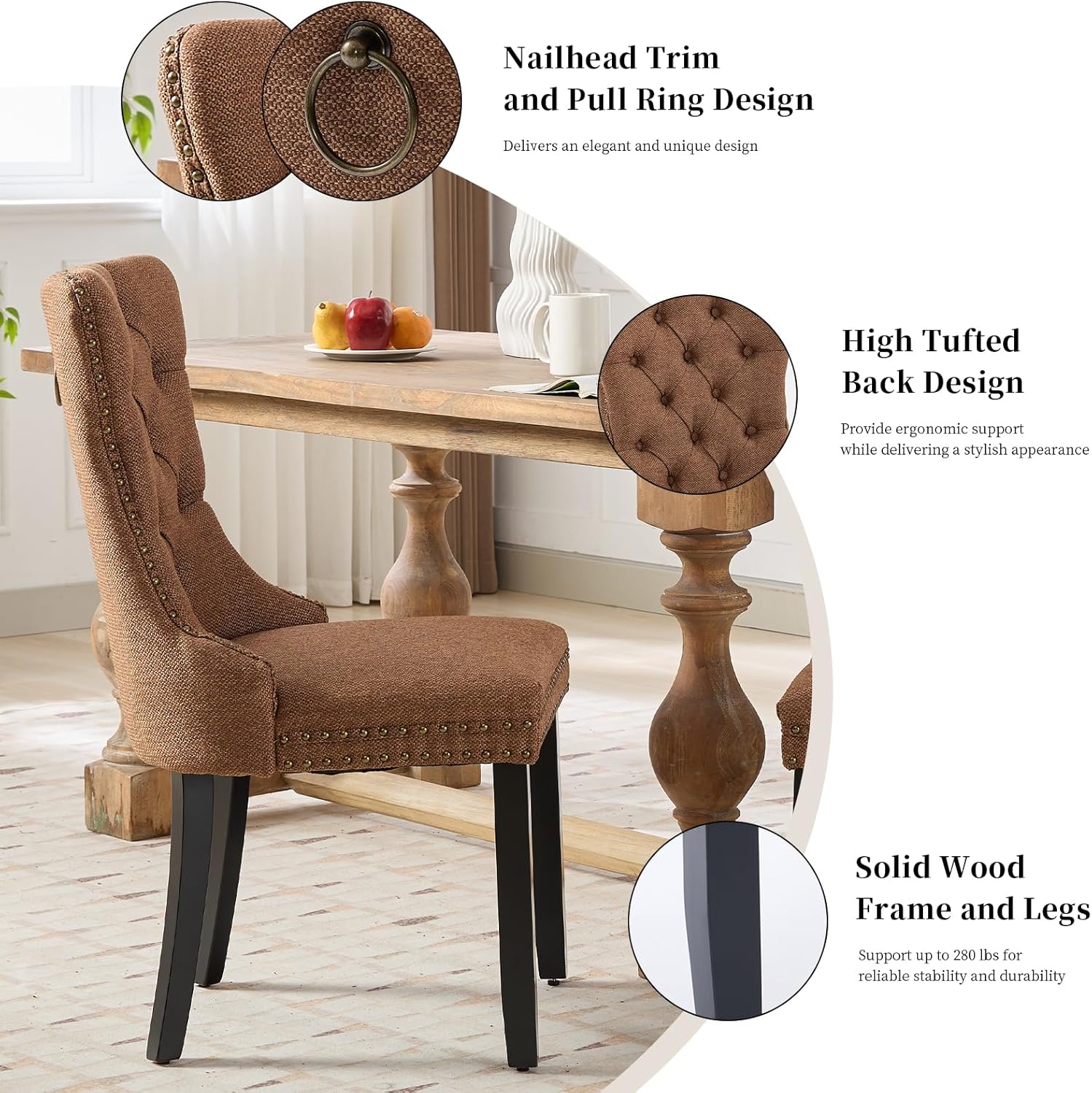 Linen Upholstered Dining Chairs Set of 6, Espresso Brown Mid Century Modern Dining Chairs, Kitchen & Dining Room Chairs with Wood Legs, Sillas de Comedor (Coffee, 6 Pcs)
