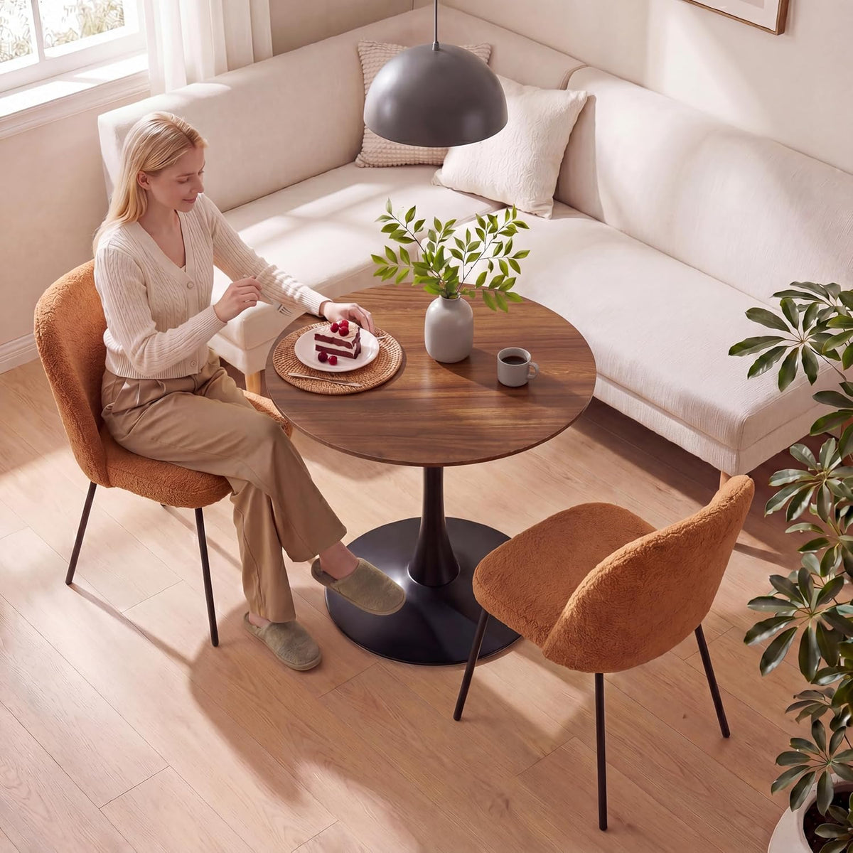 24 Inch Round Dining Table,Mid-Century Tulip Table with Metal Pedestal Base,Modern Leisure Table for Small Space Kitchen Dining Room,Easy Assembly,Walnut and Black
