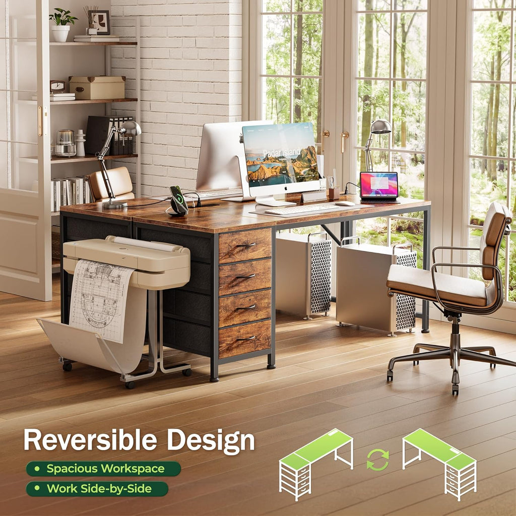 PRAISUN 55.1 Inch Computer Office Desk with Power Outelts and USB-C Port, Reversible Gaming Desk with 4 Fabric Drawers, Work Study Desk Work from Home, Rustic Brown
