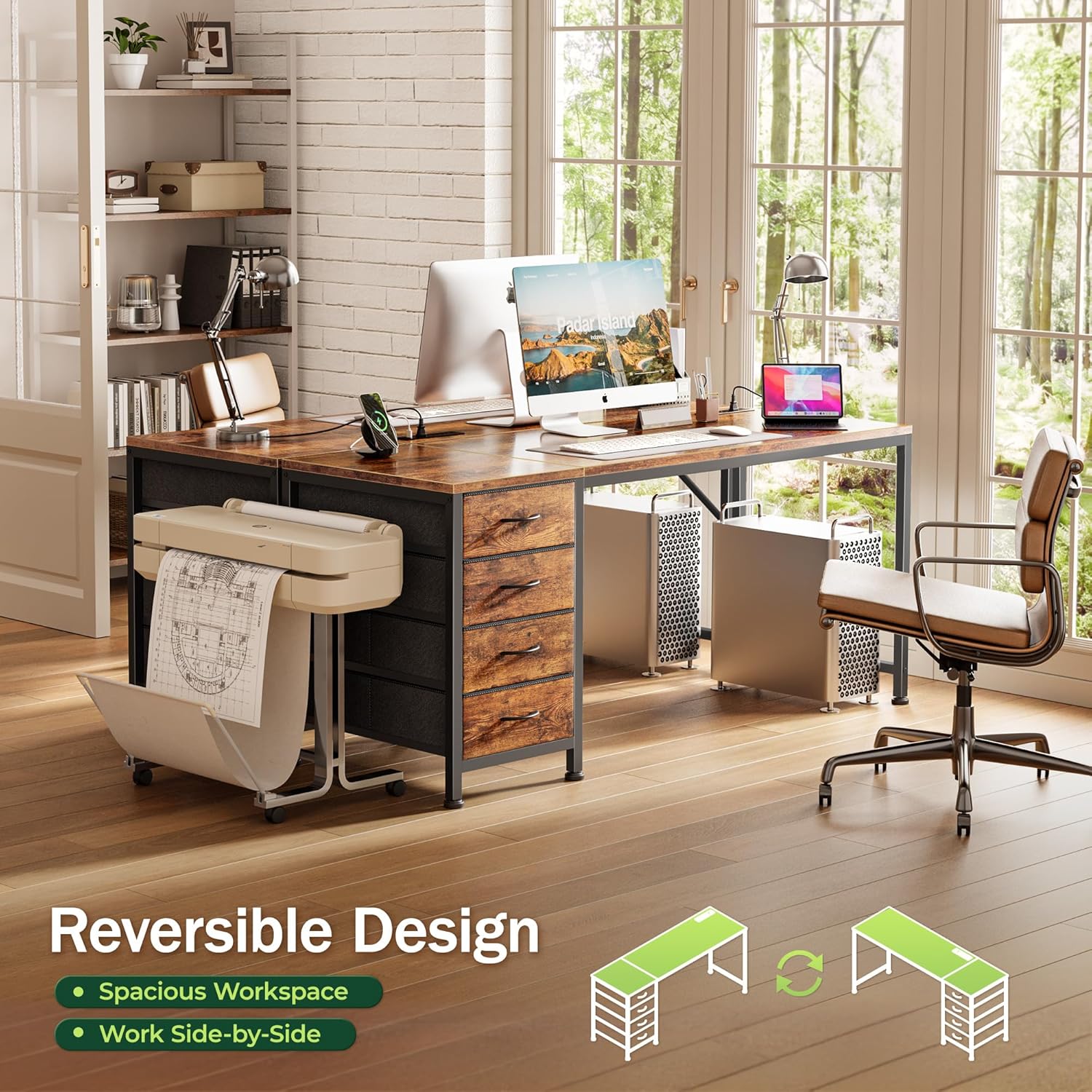 PRAISUN 55.1 Inch Computer Office Desk with Power Outelts and USB-C Port, Reversible Gaming Desk with 4 Fabric Drawers, Work Study Desk Work from Home, Rustic Brown