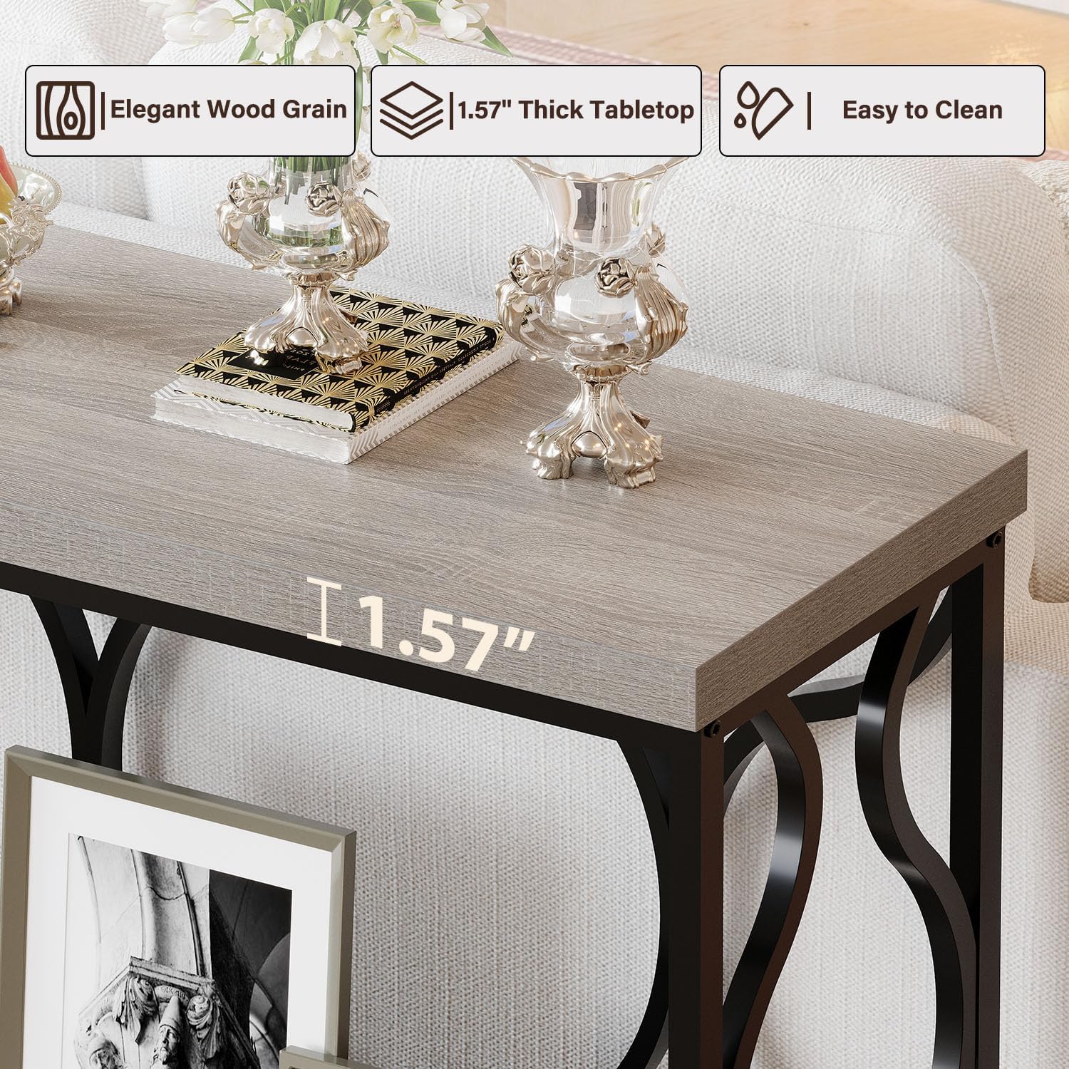IBF Narrow Entryway Table with Storage, Modern Wood Metal Console Sofa Table Behind Couch Tables, Industrial Narrow Hallway Table for Living Room Home Office Foyer Entry Way Entrance, Grey, 39.4 Inch