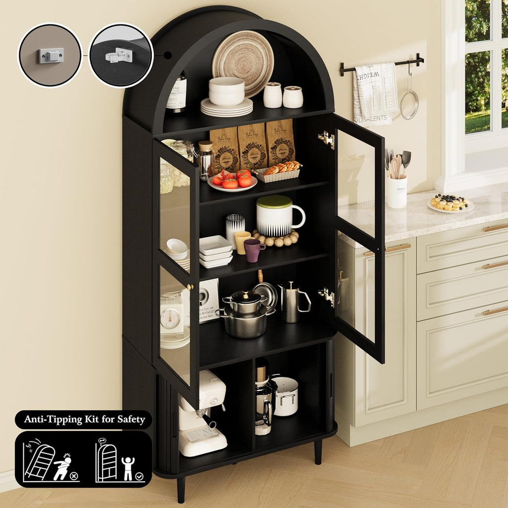 DHH 71" Tall Arched Kitchen Pantry, Modern Farmhouse Wood Kitchens Storage Cabinets with Sliding Doors＆ Adjustable Shelves, Versatile Cupboard for Kitchen, Living Dining Room, Bathroom (Black)