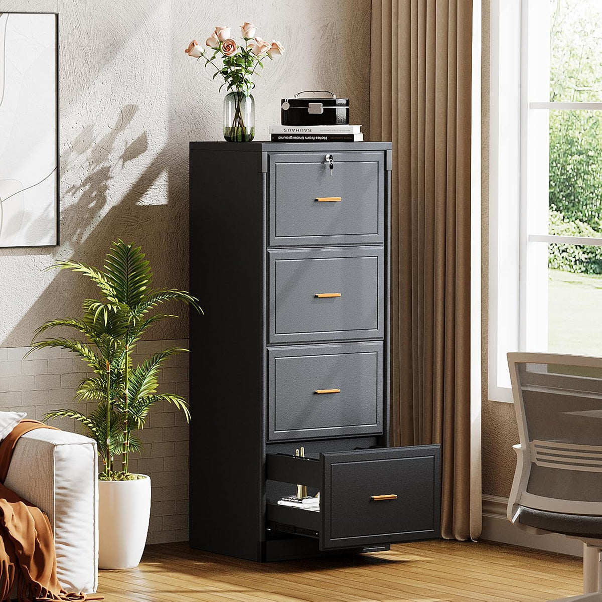 Tribesigns 4 Drawer File Cabinet with Lock, Filing Cabinets for Home Office | Vertical Wooden File Cabinet with Key, Modern Style, Tall Office Storage Cabinet for Legal Size/Letter/A4/Files, Black