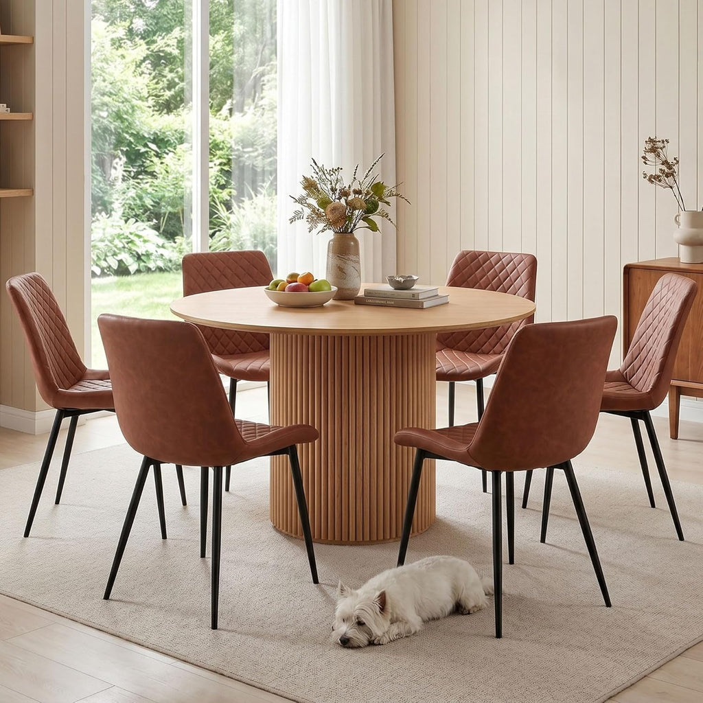 PU Leather Dining Chairs Set of 6, Modern Armless Dining Room Chairs, Comfy Upholstered Kitchen Chairs with Backrest, Black Metal Legs for Living Room, Dinning Room, Brown