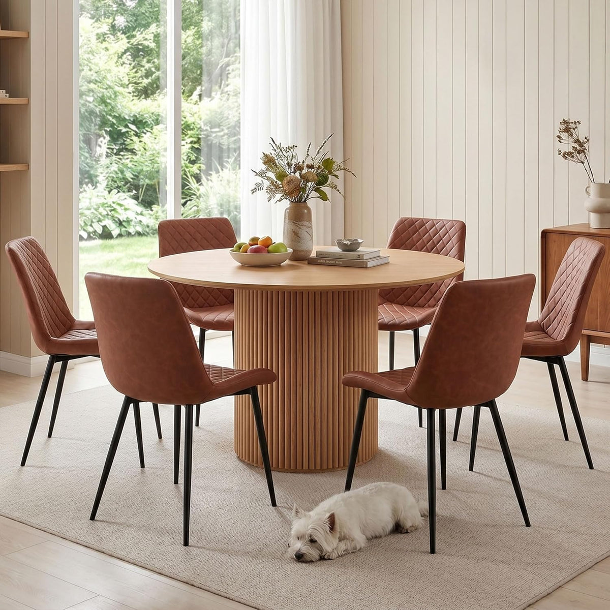 PU Leather Dining Chairs Set of 6, Modern Armless Dining Room Chairs, Comfy Upholstered Kitchen Chairs with Backrest, Black Metal Legs for Living Room, Dinning Room, Brown