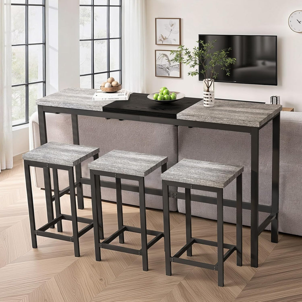 KEIKI 60.24” Long Bar High Top Dining Table and 3 Hanging Stools Chairs Set, Wood Behind Couch Sofa Counter Height Pub Furniture for Breakfast, Kitchen Living Party Room, Gery & Black