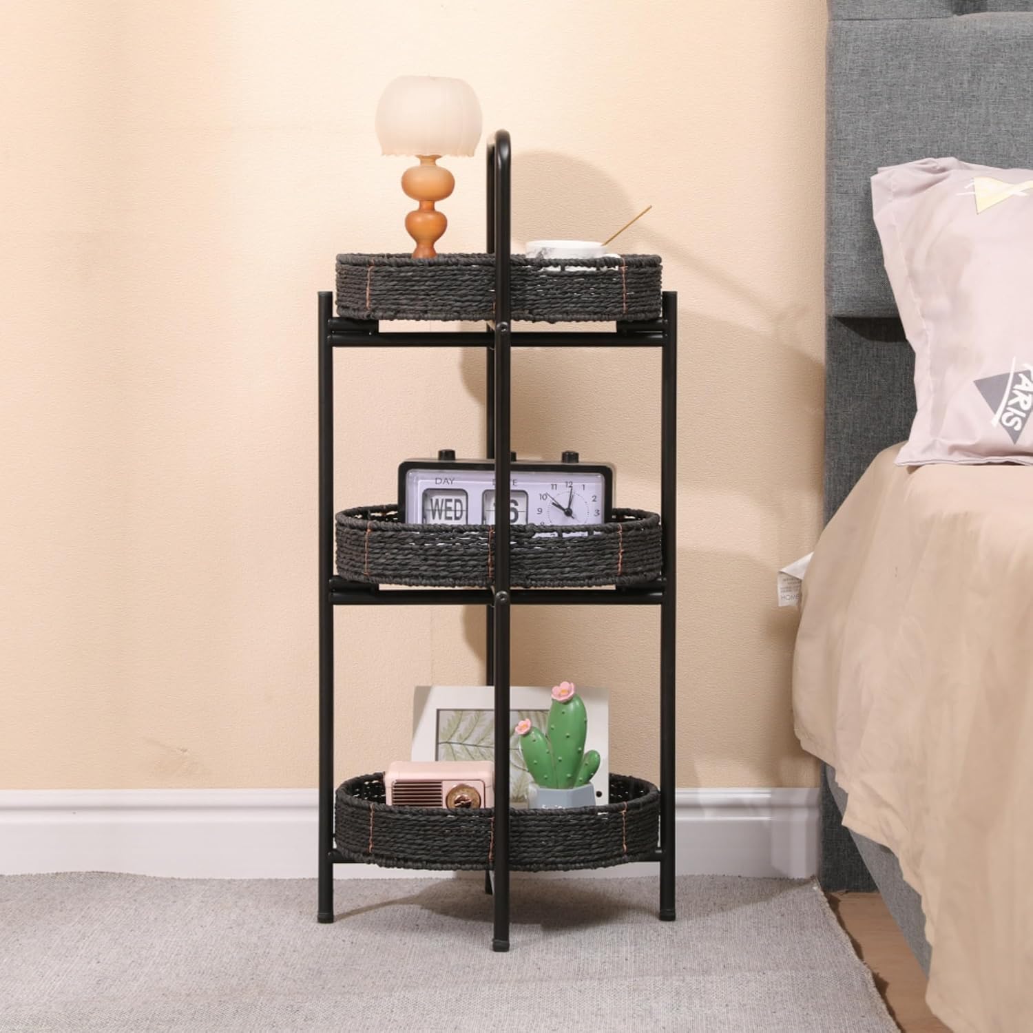 3 Tier Handwoven Oval Side Table Storage Basket with Detachable Trays | Woven Paper Rope Organizer for Living Room Bedroom Kitchen | Sturdy Metal Frame Tiered Shelf for Home Decor (Black)