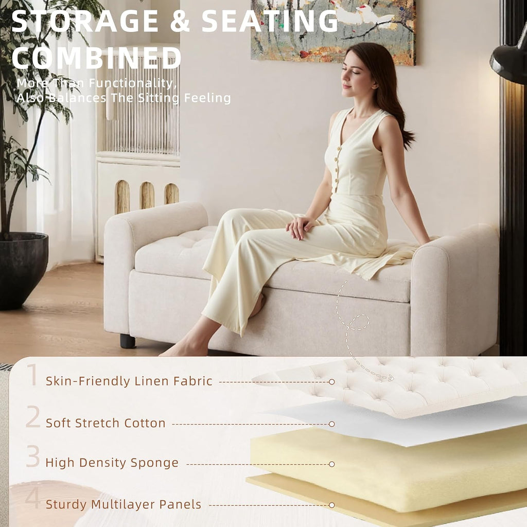 48" Ottoman with Storage, Tufted Storage Ottoman Bench, Convenient Living Room Fabrics Bench Seat, Entryway Shoe Benches with Inner Zipper & Arm, Rivetless Upholstered Window Seat Ottomans, Beige