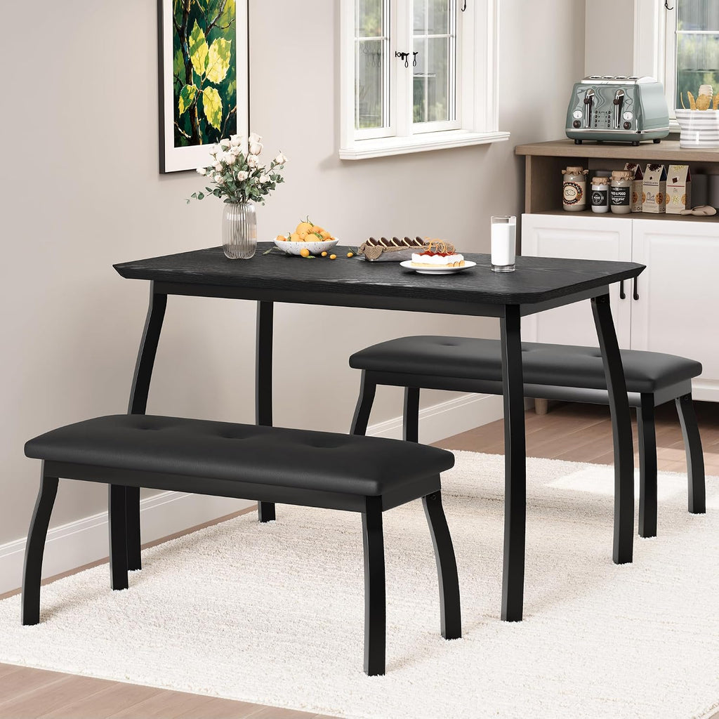 GAOMON Dining Table Set for 4, 3-Piece Wooden Kitchen Table with 2 Upholstered Benches, Space-Saving Dinette Set for Restaurant, Studio, Dining Room, Home Kitchen, Gray (Black, 2 Chairs)