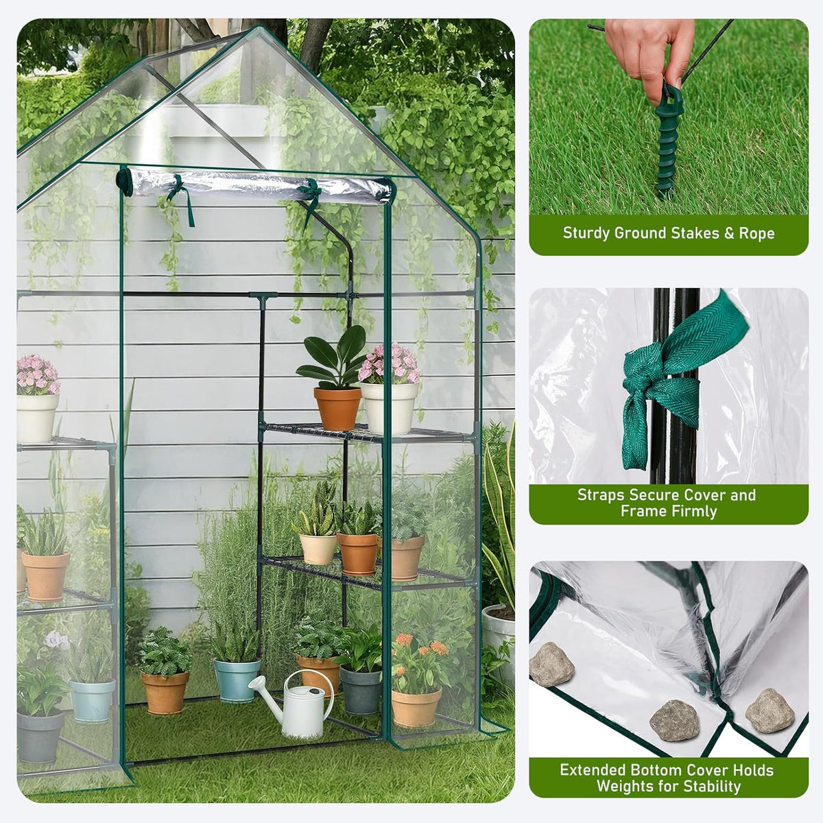 Outvita Walk-in Greenhouse, Outdoor Durable PVC Plant Green House for Frost Protection with 3 Tiers 4 Shelves, Shelf Clips, Roll-up Zipper Door, 56"x29"x77" Transparent