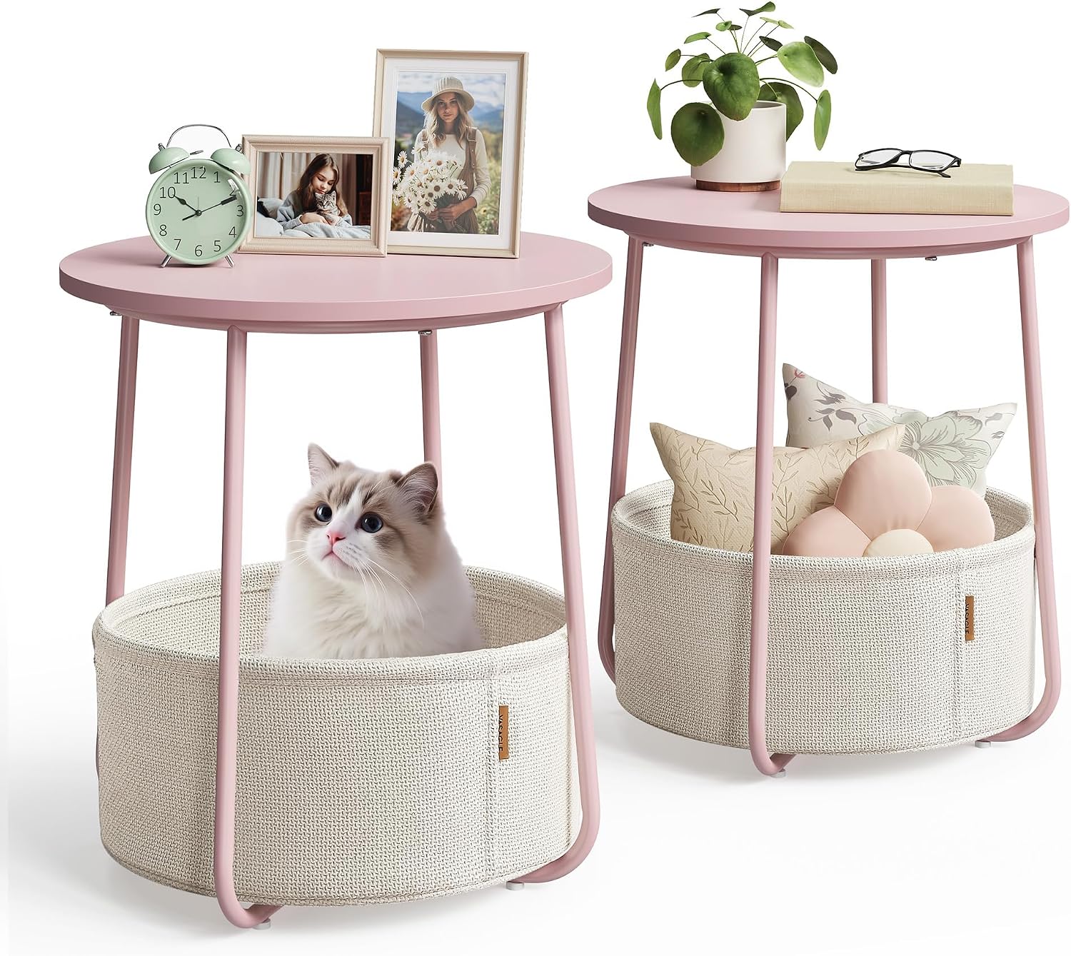 VASAGLE Nightstands, Set of 2 Small Round Side Tables with Fabric Basket, Bedside End Tables, for Bedroom, Jelly Pink and Cream White ULCT668R01
