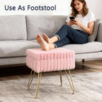 Vanity Stool Chair with Storage, Faux Fur Soft Padded Ottoman with Coffee Table, Modern Vanity Chair Fluffy Footstool with Metal Legs for Makeup, Living Room, Bedroom Pink